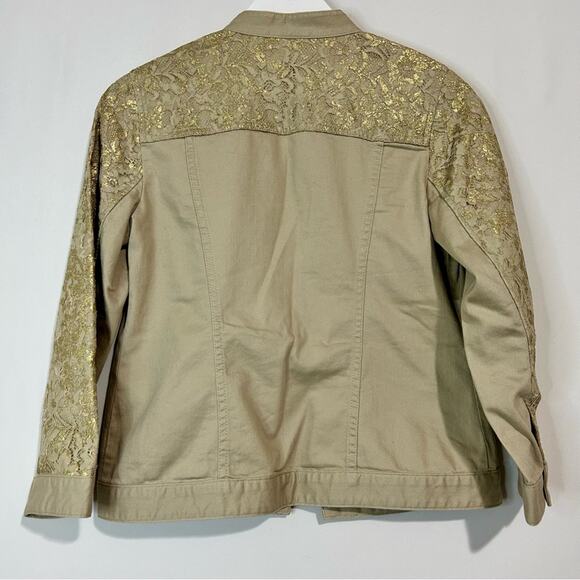 Chico’s Women’s Platinum Khaki Denim Floral Gold Metallic Jacket Size Small EUC - Picture 8 of 8